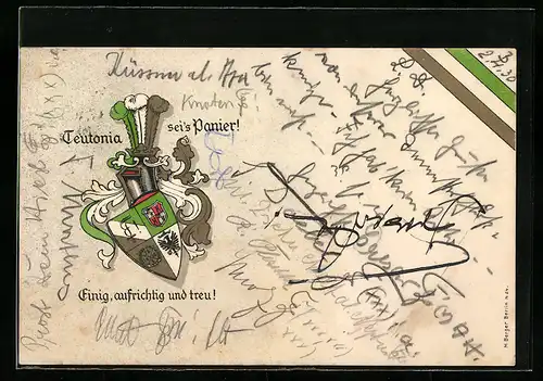AK Studentenwappen der Teutonia mit Motto Einig, aufrichtig und treu!, Banderole