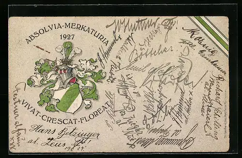 AK Studentenwappen, Absolvia-Merkaturia 1927 mit Motto und Banderole