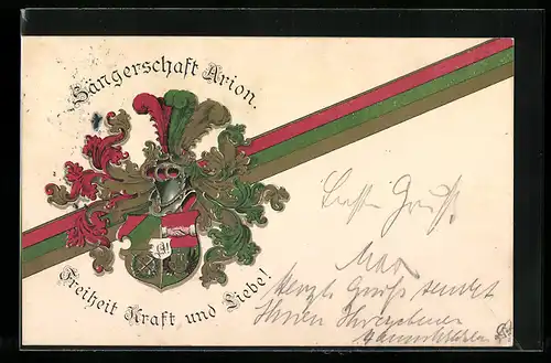 AK Studentenwappen der Sängerschaft Arion mit Motto und Banderole