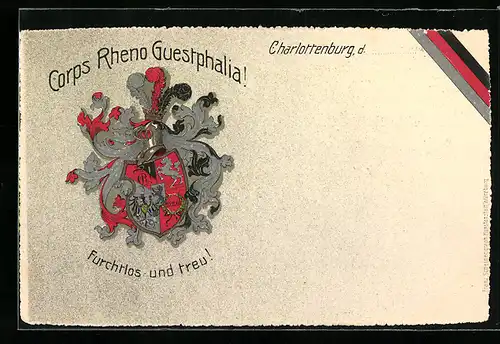 AK Berlin-Charlottenburg, Studentenwappen des Corps Rheno Guestphalis mit Motto und Banderole