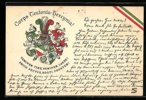 AK Studentenwappen Corps Teutonia-Herrynia mit Motto und Banderole