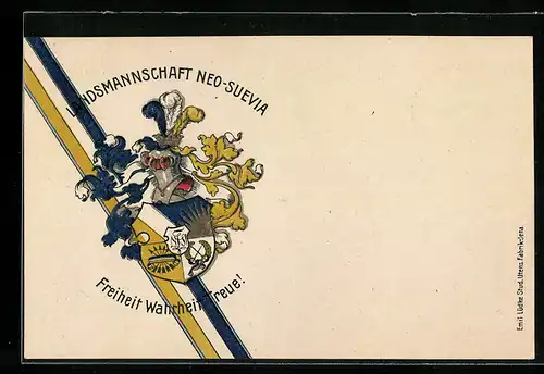 Präge-AK Studentenwappen der Landmannschaft Neo-Suevia mit Motto und Banderole