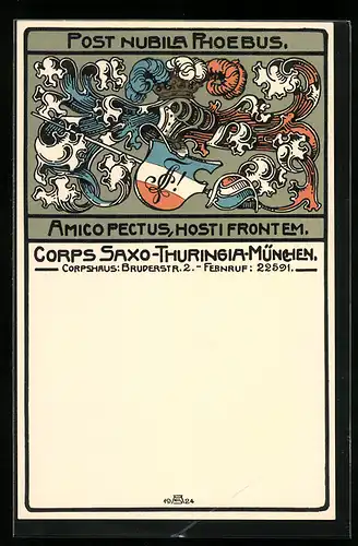 Künstler-AK München, Studentenwappen Post Nubila Phoebus, Corps Saxo-Thuringia-München, Corpshaus Bruderstr. 2