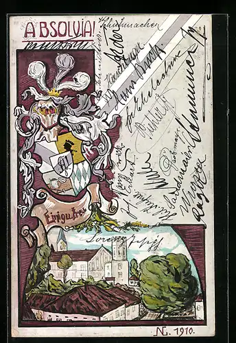 AK Studentenwappen mit Motto Einig und treu, Ortsansicht, Absolvia