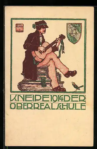 Künstler-AK München, Absolvia Kneipe der Oberrealschule 1914, Schüler mit Gitarre