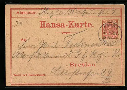 AK Breslau, Hansa-Karte, Private Stadtpost
