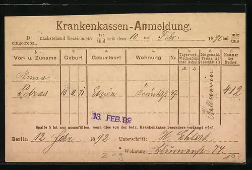 AK Berlin, Neue Berliner Omnibus und Packetfahrt AG, Packetfahrtkarte, Krankenkassen-Anmeldung, Private Stadtpost