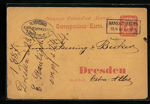 AK Dresden, Deutsche Privat-Post Hansa, Correspondenz-Karte, Private Stadtpost