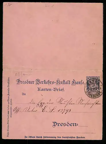 Klapp-AK Dresden, Dresdner Verkehrs-Anstalt Hansa, Karten-Brief, Private Stadtpost