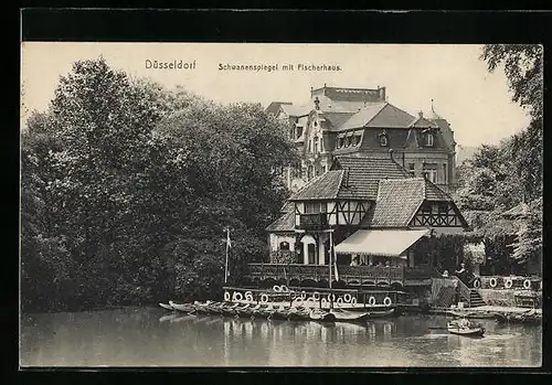 AK Düsseldorf, Schwanenspiegel mit Fischerhaus