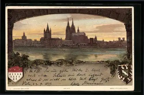 Lithographie Köln a. Rh., Stadtsilhouette bei Abendschein