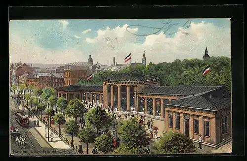 Lithographie Aachen, Elisenbrunnen mit Strassenbahn