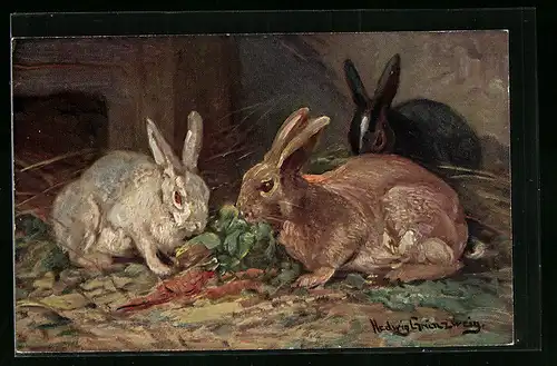 Künstler-AK Kaninchen im Stall beim Fressen