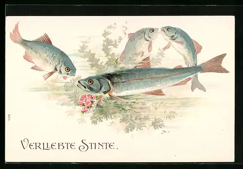 Präge-AK Fische, Verliebte Stinte mit Blumen