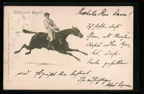 Künstler-AK Reiter und Pferd in gestrecktem Galopp