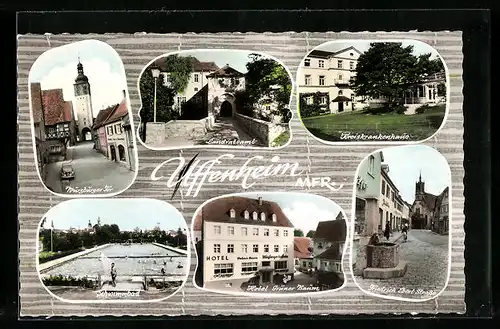 AK Uffenheim /Mfr., Würzburger Tor, Landratamt, Hotel Grüner Baum