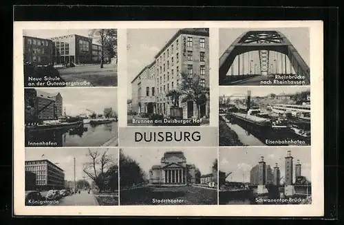 AK Duisburg, Innenhafen, Stadttheater, Eisenbahnhafen, Schwanentor-Brücke