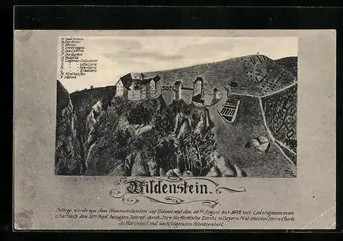 Künstler-AK Leibertingen, Schloss Wildenstein aus der Vogelschau