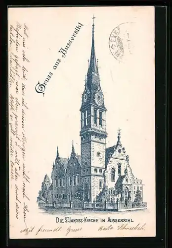 Lithographie Aussersihl, St. Jakobs-Kirche