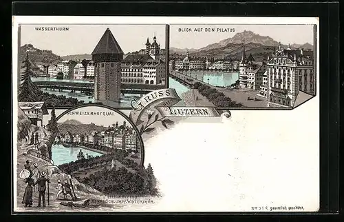 Lithographie Luzern, Blick auf den Pilatus, Wasserthurm, Schweizerhofquai