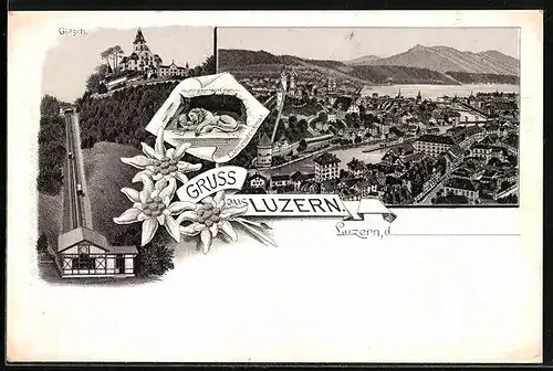 Lithographie Luzern, Gütsch mit Bergbahn, Löwendenkmal, Ortsansicht