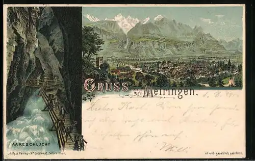 Lithographie Meiringen, Aareschlucht mit Besuchern, Panorama mit Bergen