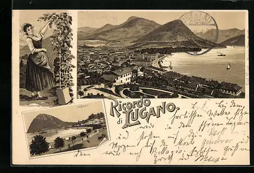 Lithographie Lugano, Trachtenmädchen bei der Weinernte, Ortsansichten