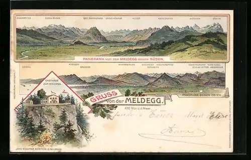 Künstler-AK Meldegg bei Walzenhausen, Gasthaus zur Meldegg, Panorama von der Meldegg gegen Süden mit Alvier und Altmann
