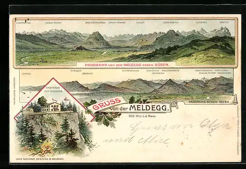 Künstler-AK Meldegg bei Walzenhausen, Gasthaus zur Meldegg, Panorama von der Meldegg gegen Süden mit Alvier und Altmann