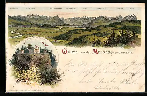 Lithographie Meldegg, Panorama der Region, Gasthaus zur Meldegg