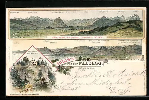 Lithographie Walzenhausen, Gasthaus Meldegg J. Niederer, Bergpanoramen