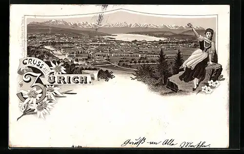 Vorläufer-Lithographie Zürich, 1894, Züricherin, Gesamtansicht mit Brücken und Bergpanorama