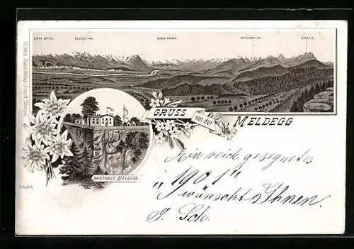 Lithographie Walzenhausen, Gasthaus Meldegg, Panorama