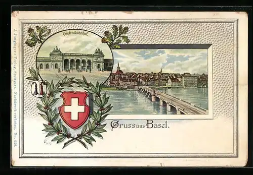 Künstler-AK Basel, Centralbahnhof, Panorama, Wappen
