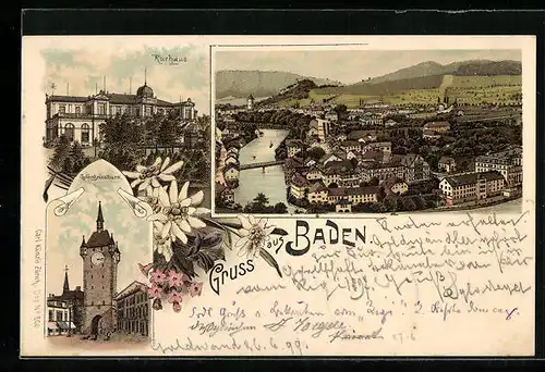 Lithographie Baden, Gefängnisthurm, Kurhaus und Ortsansicht
