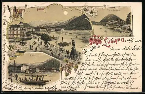 Mondschein-Lithographie Lugano, Quai, Villa Geresio, Ortspartie an der Uferstrasse