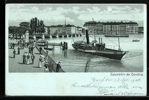 Lithographie Genève, Uferpartie mit Dampfboot