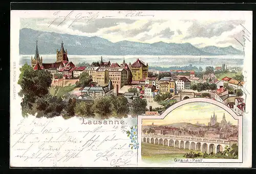 Lithographie Lausanne, Gesamtansicht, Grand-Pont