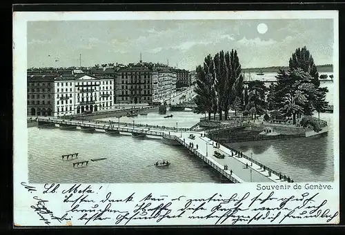 Mondschein-Lithographie Genf, Ortspartie mit Brücken und Grünanlage