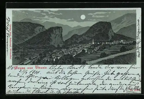 Mondschein-Lithographie Thusis, Gesamtansicht mit Bergpanorama aus der Vogelschau