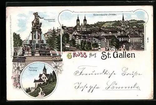 Lithographie St. Gallen, Restaurant Falkenburg, Gesamtansicht, Monumentalbrunnen