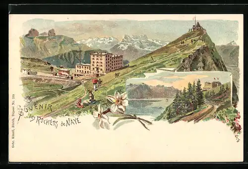 Lithographie Rochers de Naye, Hotel auf dem Gipfel, Bergbahn