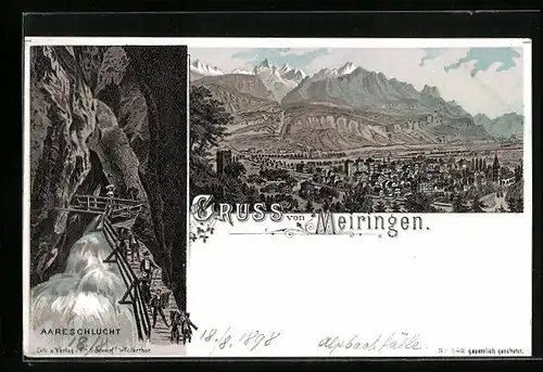 Lithographie Meiringen, Aareschlucht mit Besuchern, Panorama mit Bergen