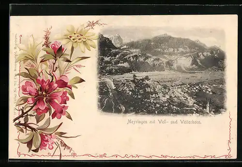 AK Meyringen, Teilansicht mit Well- und Wetterhorn, Bergblumen