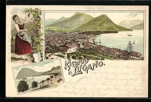 Lithographie Lugano, Weinernte, Ortsansichten mit See- und Bergblick