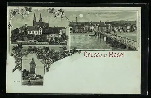 Mondschein-Lithographie Basel, Klein-Basel mit Alter Rheinbrücke, Pfalz