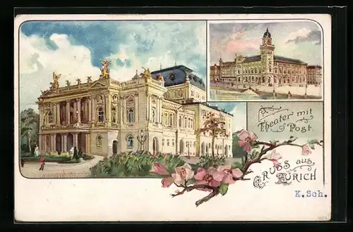 Lithographie Zürich, Theater mit Post