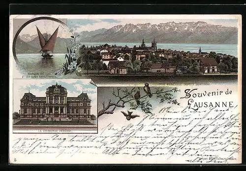 Lithographie Lausanne, Barque du Lac, Le Tribunal Fèdéral, Vue Generale depuis Beaulieu