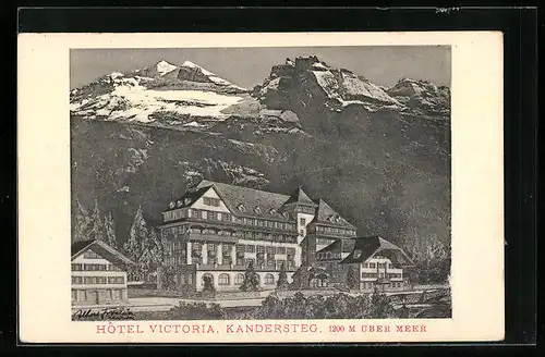 AK Kandersteg, Hotel Victoria mit Strasse vor Bergkulisse