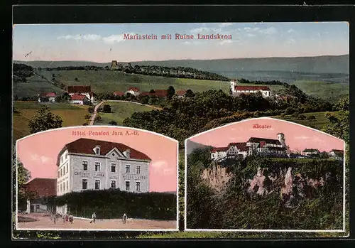 AK Mariastein, Ortsansicht mit Ruine Landskron, Hotel Pension Jura A.- G., Kloster